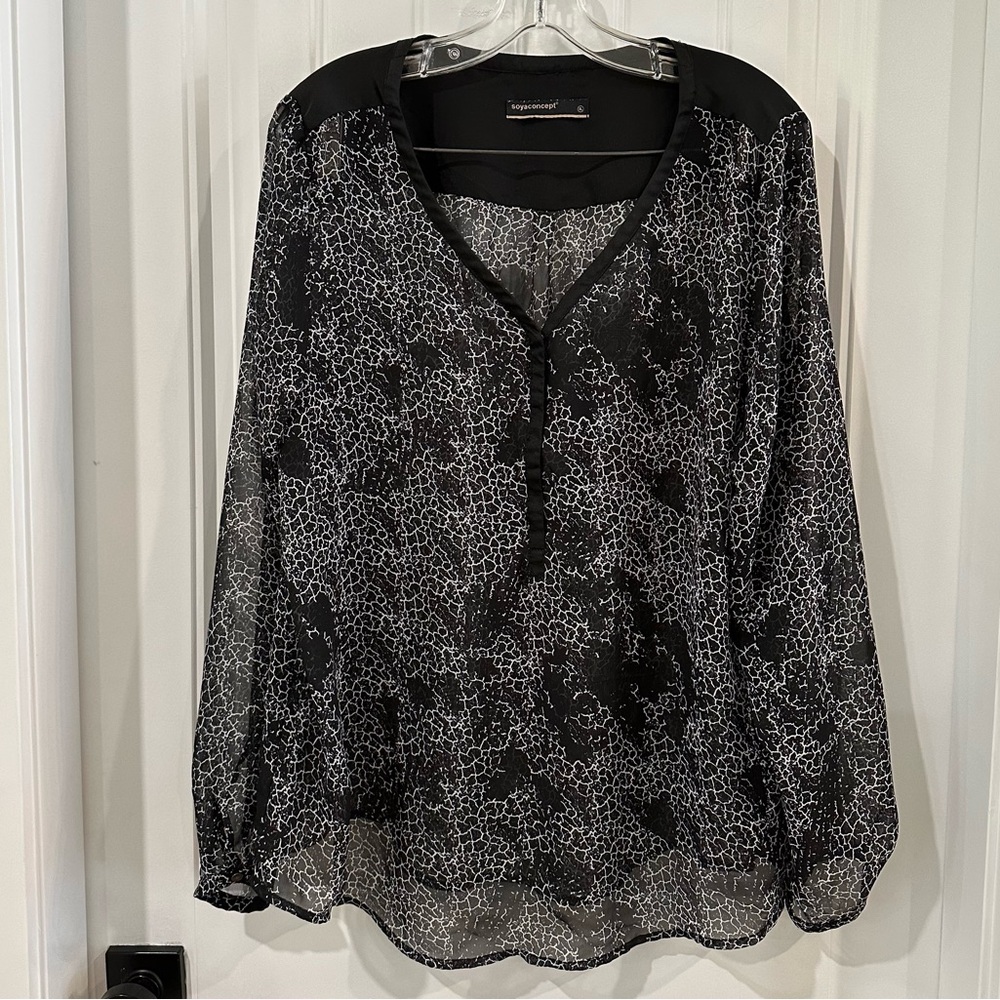 Soya Concept Black and White Sheer Long Sleeve Blouse